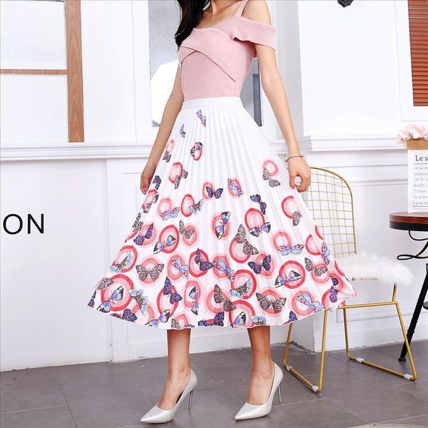 

2020 new summer skirts womens butterfly catroon print empire high waist elastci pleated midi skirt european high street style, Black