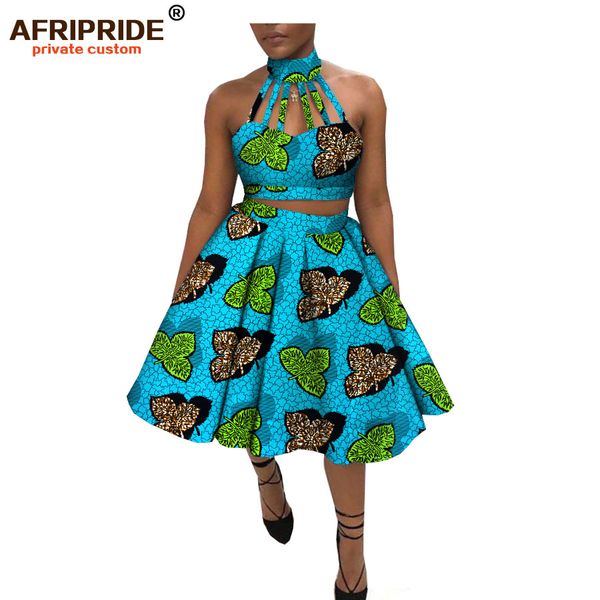 

summer 2-pieces skirt set for woman afripride sleeveless choker + knee length flare skirt africa print female set a1826031, White