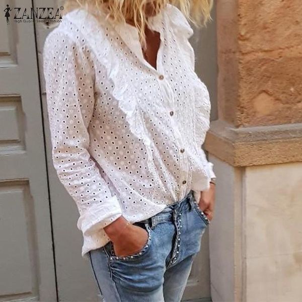 

zanzea 2020 vintage women's shirt hollw out embroidery flowers blouses work office long sleeve ruffles tunic blusas, White