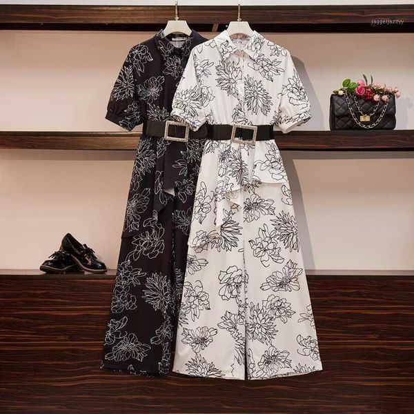 

two piece dress women 2021 summer print chiffon suits female half sleeve irregular blouse +wide leg pants trousers casual 2 set1, White