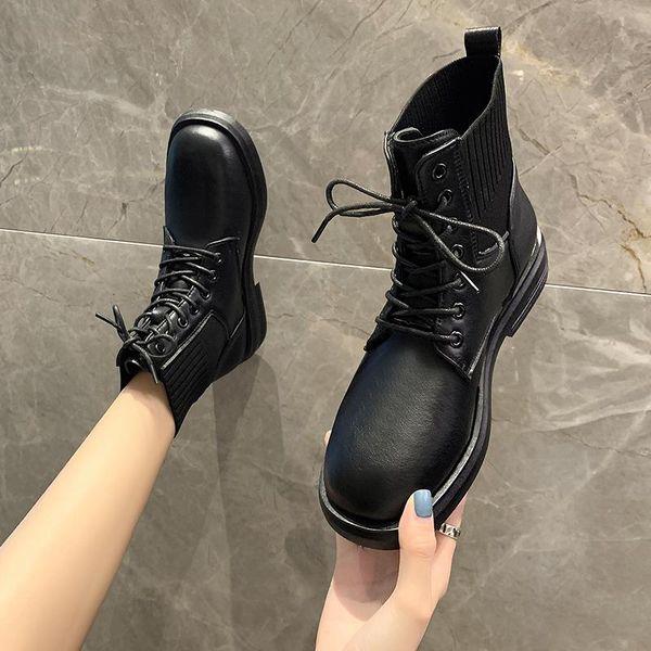 

round toe lady boots shoes boots-women luxury designer winter footwear booties woman 2020 low heel ladies fashion, Black