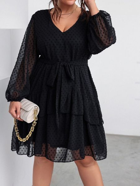 

plus swiss dot bishop sleeve belted chiffon dress m8ld#, Black