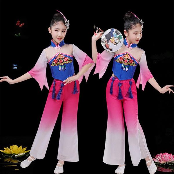 

rose chinese fan dance silk classic dance clothing kindergarten stage performance suits fairy cosplay halloween costumes girls, Black;red