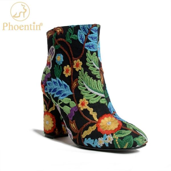 

phoentin flower enbroider ankle boots women's high-heeled shoes 2020 new arrival boots femmes shoe woman boot zip size 43 ft1083, Black