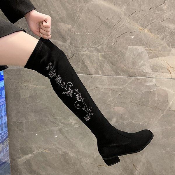 

2021 burst winter new european and american boots thin than knee high roller women's stretch boots cotton roller printing, Black