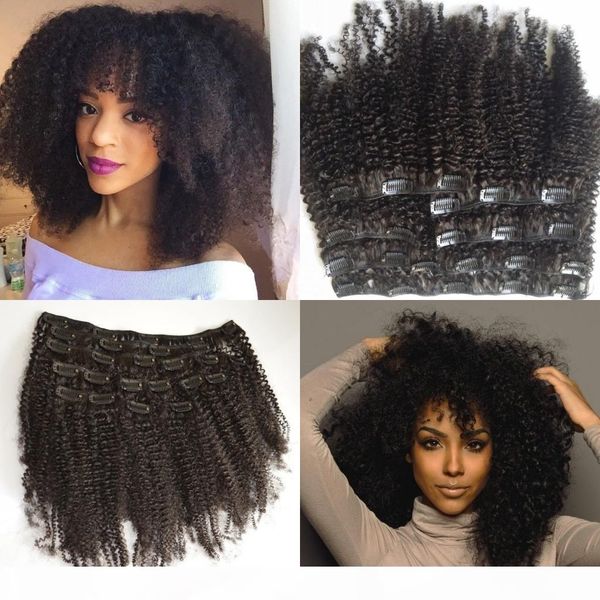 

kinky clip ins virgin hair 100g 120g 7pcs natural black brazilian kinky curly clip in human hair extensions, Black;brown