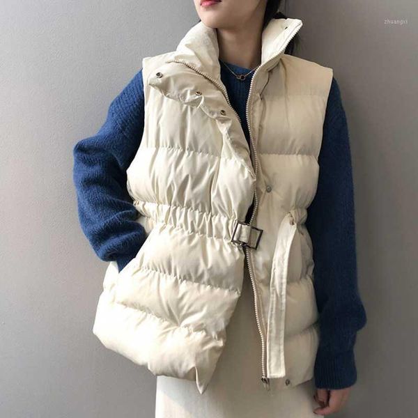 

autumn winter women's cotton vest stand collar new thicken vest fashion female solid color simple drawstring casual loose jacket1, Black;white
