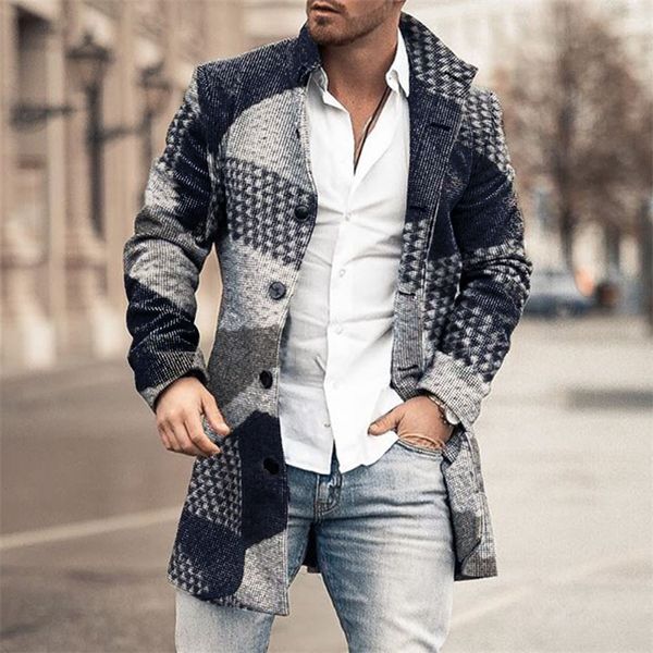 

men autumn long coat geometric color block print button lapel fashion office winter jacket casual wool coats oversized new 201222, Black