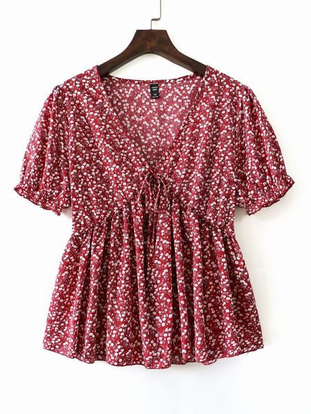 

plus ditsy floral tie front puff sleeve peplum blouse w74d#, Black