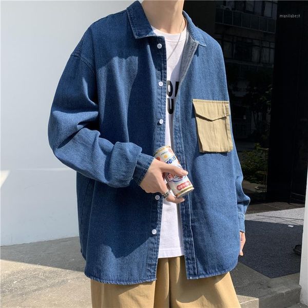 

autumn super fire tooling pocket denim jacket male korean version loose trend couple wild lapel shirt jacket1, Black;brown