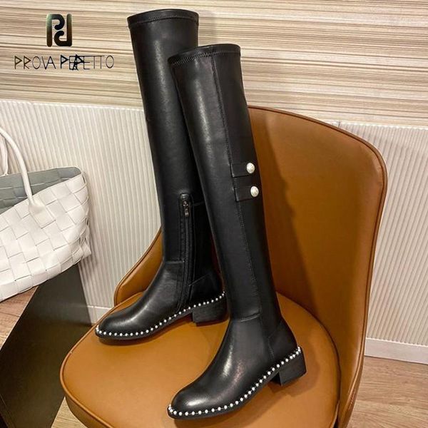 

prova perfetto 2020 autumn and winter new flat-bottomed over-the-knee boots women's leather round-toe low-heeled women's boots, Black
