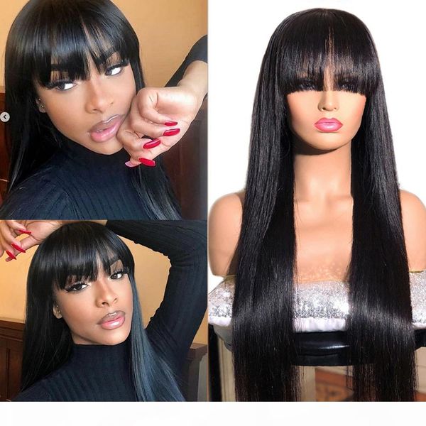 

straight human hair wigs with bangs full machine made wigs black wig peruvian remy hair wig, Black;brown