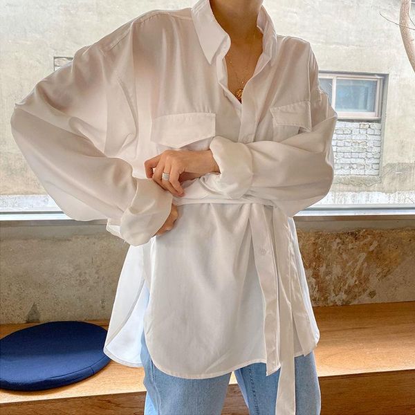 

2020 spring and summer new youth popular men's korean version of solid color loose bandage long sleeve shirt fashion casual, White;black