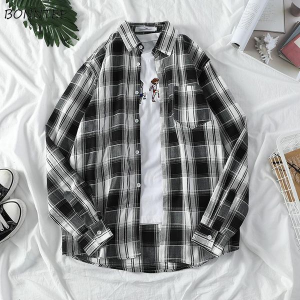 

men shirt long sleeve plus size 3xl bf vintage autumn plaid clothing mens shirts japanese streetwear novelty harajuku clothes, White;black