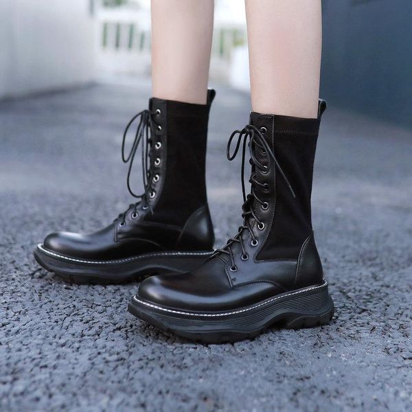 

boots fashion genuine leather mid-calf platform heels pumps classic working basic shoes woman, Black