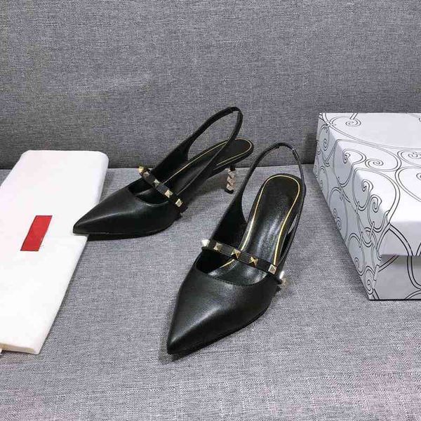

women highs quality pumps studed shoes rock spiked woman sandals luxury designs sheepskin leather slingback high heeled with box, Black