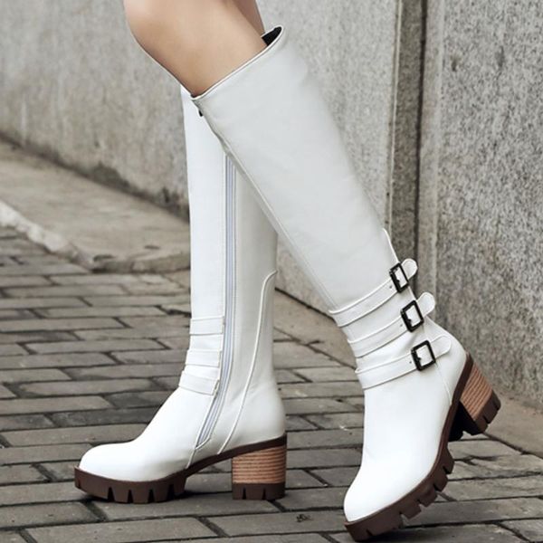 

boots brand big size 43 skidproof platform square heels buckles leisure riding boot winter shoes women, Black