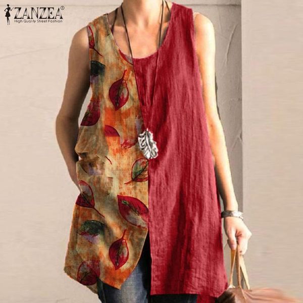 

women's blouses & shirts 2021 summer printed patchwork tank zanzea casual sleeveless women vintage cotton linen party blouse female ch, White