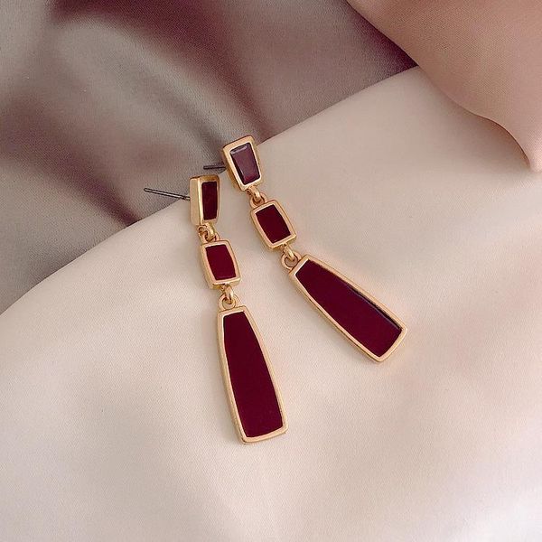 

new elegant simple geometry rectangle red long ear stud eardrop earrings fashion jewelry, Silver
