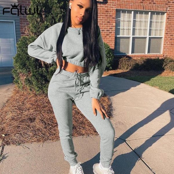 

fqlwl long sleeve crop sweatshirt sweatpants fall 2020 2 two piece set women outfits matching sets ladies tracksuits female1, Gray