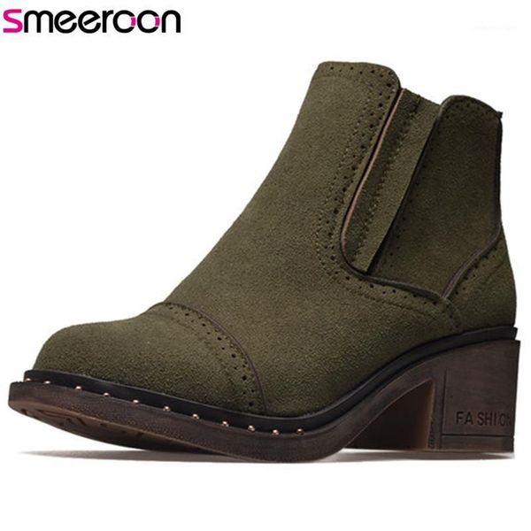 

boots smeeroon autumn winter for women zip round toe cow suede leather high heels quality ankle1, Black