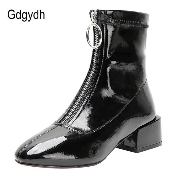 

boots gdgydh zipper white ankle for women mid heel short waterproof patent leather square toe black drop ship1