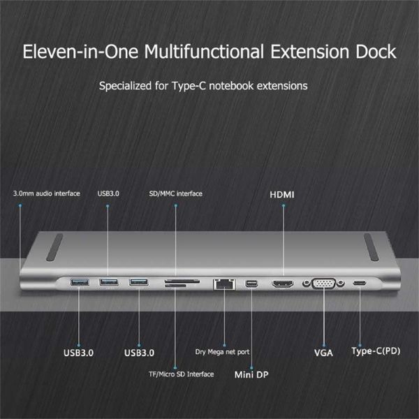 

aluminum 11 in 1 usb hub type-c to rj45 usb3.0 tf mini-dp adapter type c for usb hub lapdocking station hdmi vga