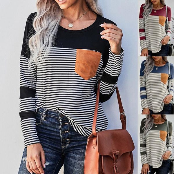 

fashion striped blouse shirt o-neck pocket casual autumn winter ladies female women long sleeve blusa pullover, White