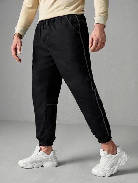 

extended sizes men drawstring waist stitching pants t8mw#, Black