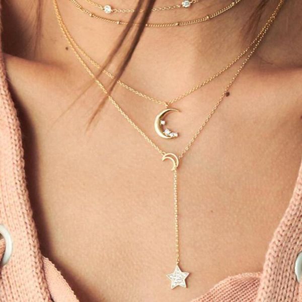 

pendant necklaces diomedes personality metal moon star sweater chain miss multilayer necklace jewelry wholesale apr17p30, Silver
