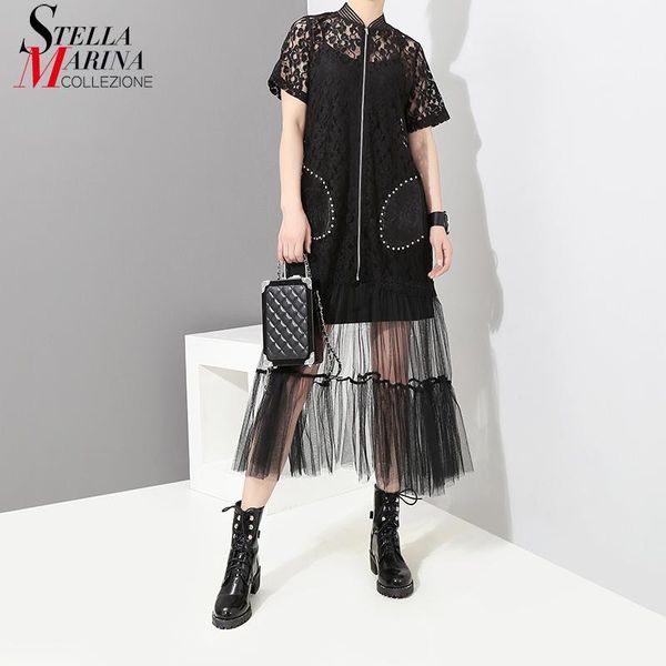 

new 2020 women summer black white lace dress mesh hem mandarin collar zipper hollow out short sleeve party dresses clubwear 36381, Black;gray