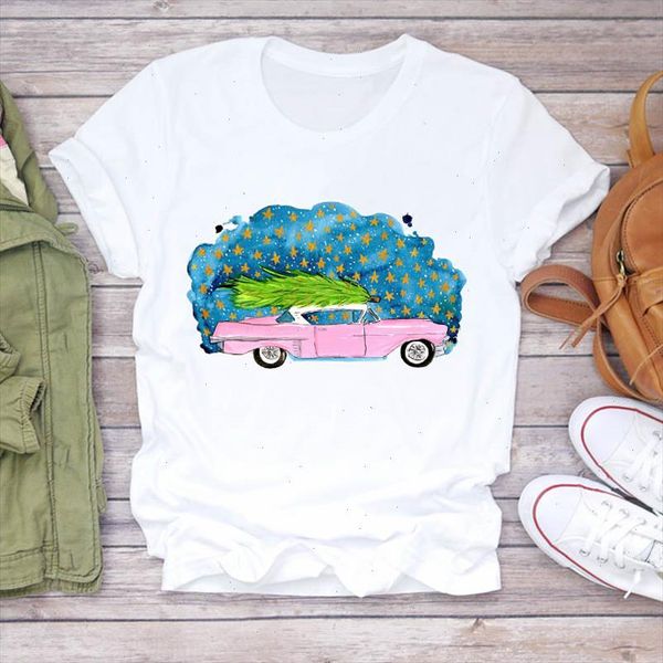 

women watercolor tree car new year trend merry christmas print tshirts clothes graphic female t shirt ladies tee t shirt, White