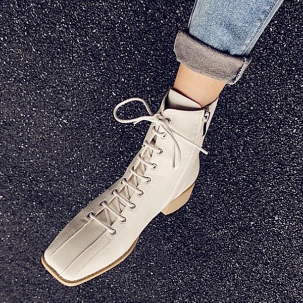 

2020 new winter work boots women's shoes genuine leather cross-tied square toe zipper office lady ankle boots bottes femme, Black