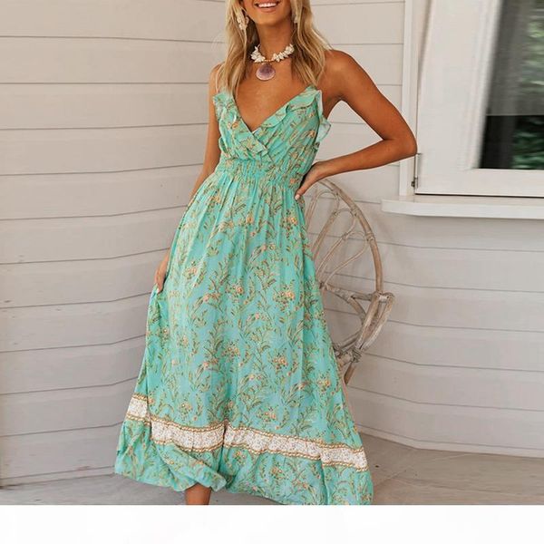 

spaghetti strap sundress women casual boho floral print beach holiday vestidos female 2020 new summer high waist v neck casual long dress, Black;gray