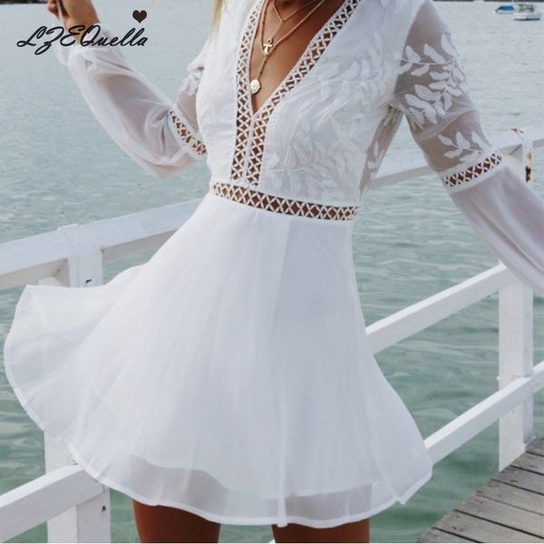 

women chiffon v neck backless mini dress boho evening party summer beach casual short sundress mesh hollow vestidos nz1201 t200416, Black;gray