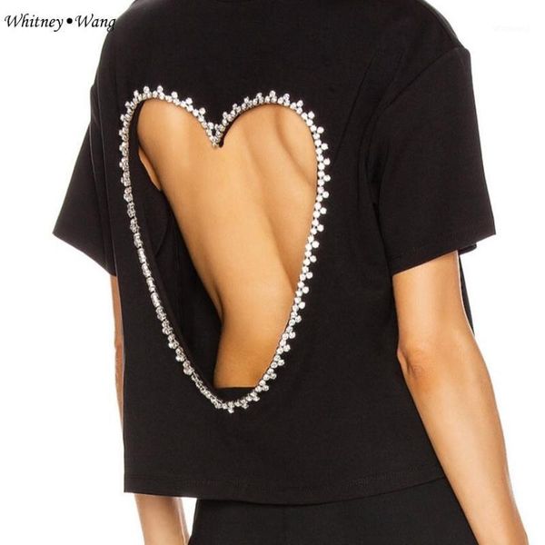 

whitney wang tshirt 2021 spring summer fashion streetwear back hollow out diamons sweet heart crop t-shirt women tees1, White