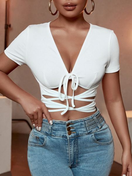 

sxy crisscross tie front plunging neck l27o#, White