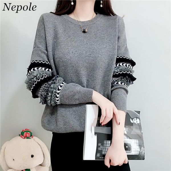 

neploe ruched ruffles sleeves women sweater solid knitted female pullover 2020 autumn winter new elegant of sueter mujer 693801, White;black