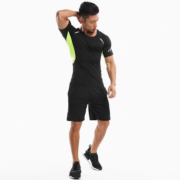

2019 new men fitness clothing compression shirts short sleeve o-neck patchwork t shirt casual sweat clothes men's1, White;black