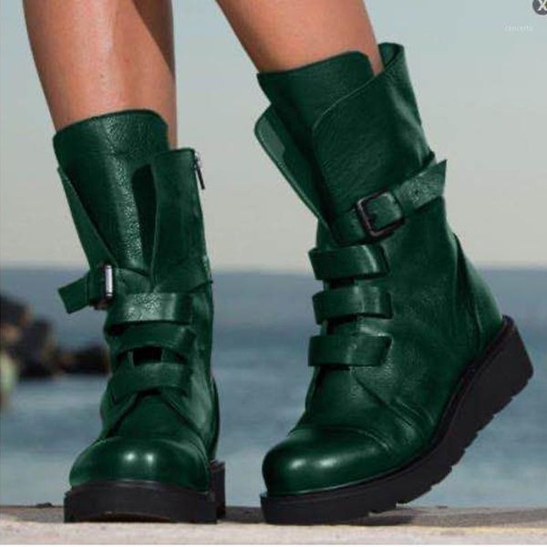 

women's leather mid calf boots women motorcycle boots woman round toe platform wedges big size 35-43 female winter warm shoes1, Black