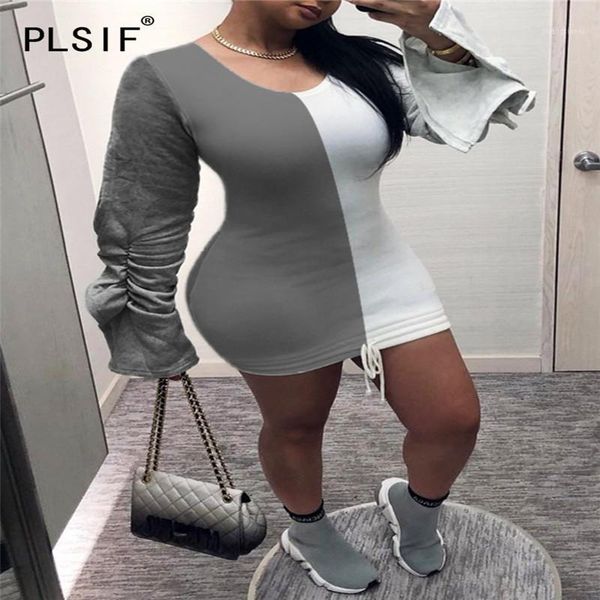 

autumn style o neck mini dress full sleeve draped short party club dress ladies vestidos femme1, Black;gray