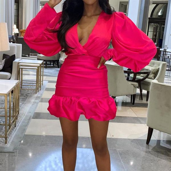 

new women's bodycon mini dress long lantern sleeve deep v neck solid color fishtail short club dress plus size, Black;gray