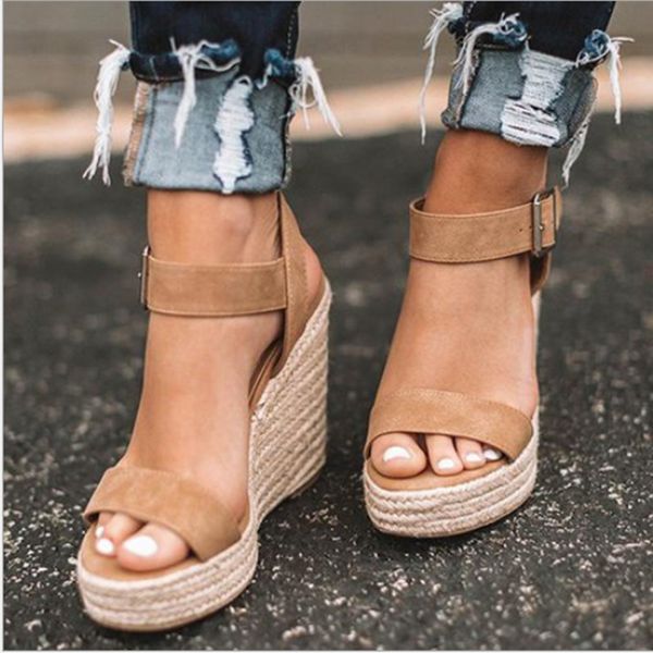 

women's sandals summer new sandals women's large size spot wedge buckle belt european american open toe high heel women's sho, Black