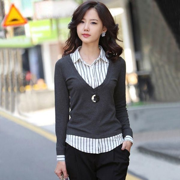 

2020 autumn and winter sweater plus size women shirt collar knitted sweaters basic shirts female faux two piece long sleeve, White;black