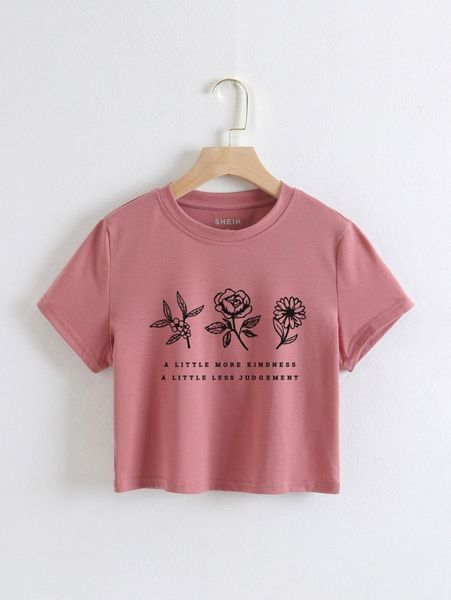 

floral & slogan graphic tee 79lz#, White