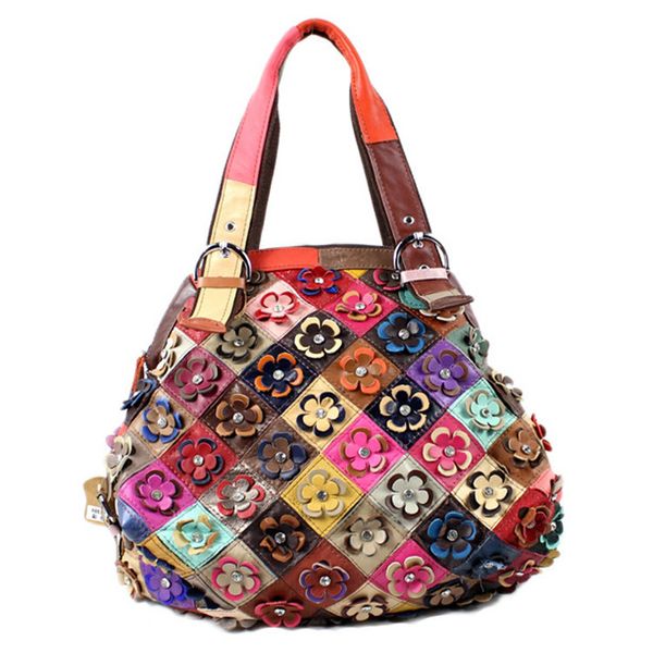 

2021 newer genuine first layer leather flower 3d large purse floral shoulder fashion designer national styles hobo women puc8