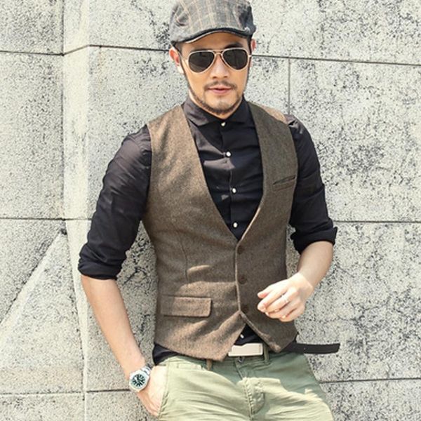 

brown wool herringbone tweed vests slim mens suit vests custom made sleeveless suit jacket mens dress wedding waistcoat ma-001, Black;white