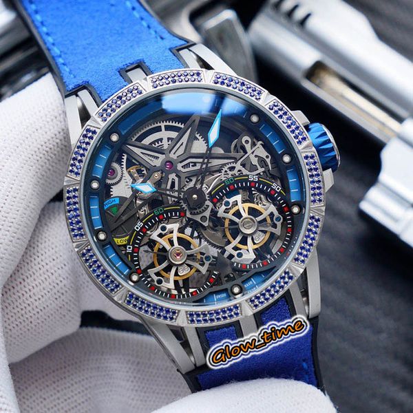 

high version excalibur rddbex0396 skeleton dial automatic mechanical mens watch blue diamond bezel silver steel rubber strap sport watches, Slivery;brown