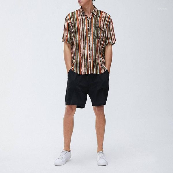 

2020 man striped colorful shirts summer short sleeve lapel shirt man causal floral buttons blouse holiday hawaiian incerun1, White;black