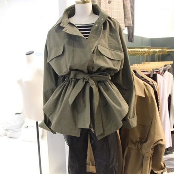 

women spring turn-down collar short windbreaker elegant waist slim loose trench bat sleeved casual thin coat1, Tan;black